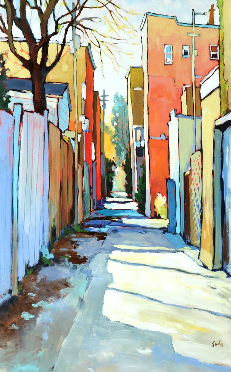 Sacha, Ruelle rose tendre et bleu profond